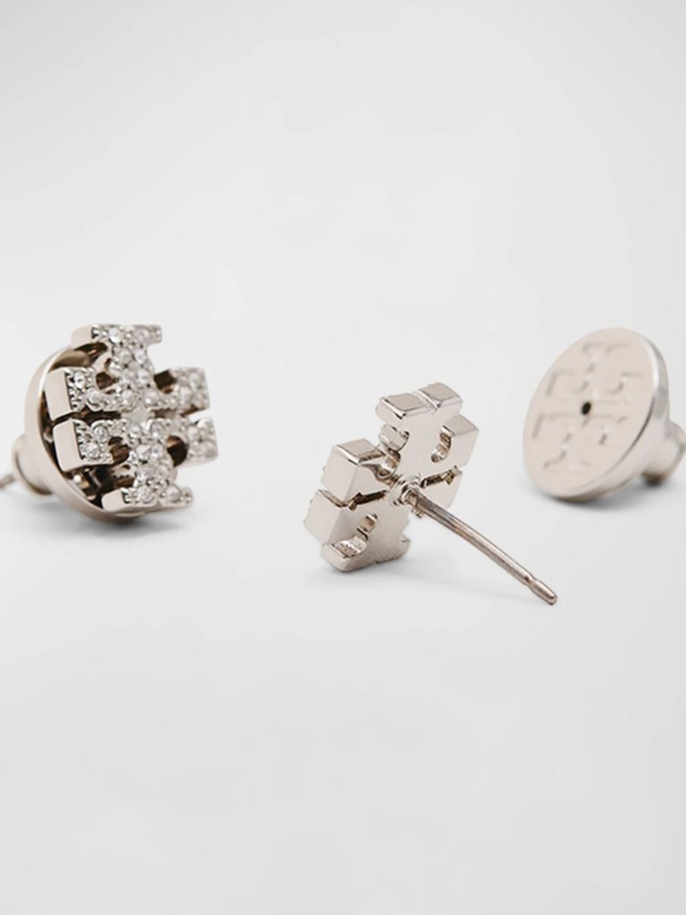 Tory Burch Icon Pavé Stud Earrings Silver Tone - Picture 2 of 4